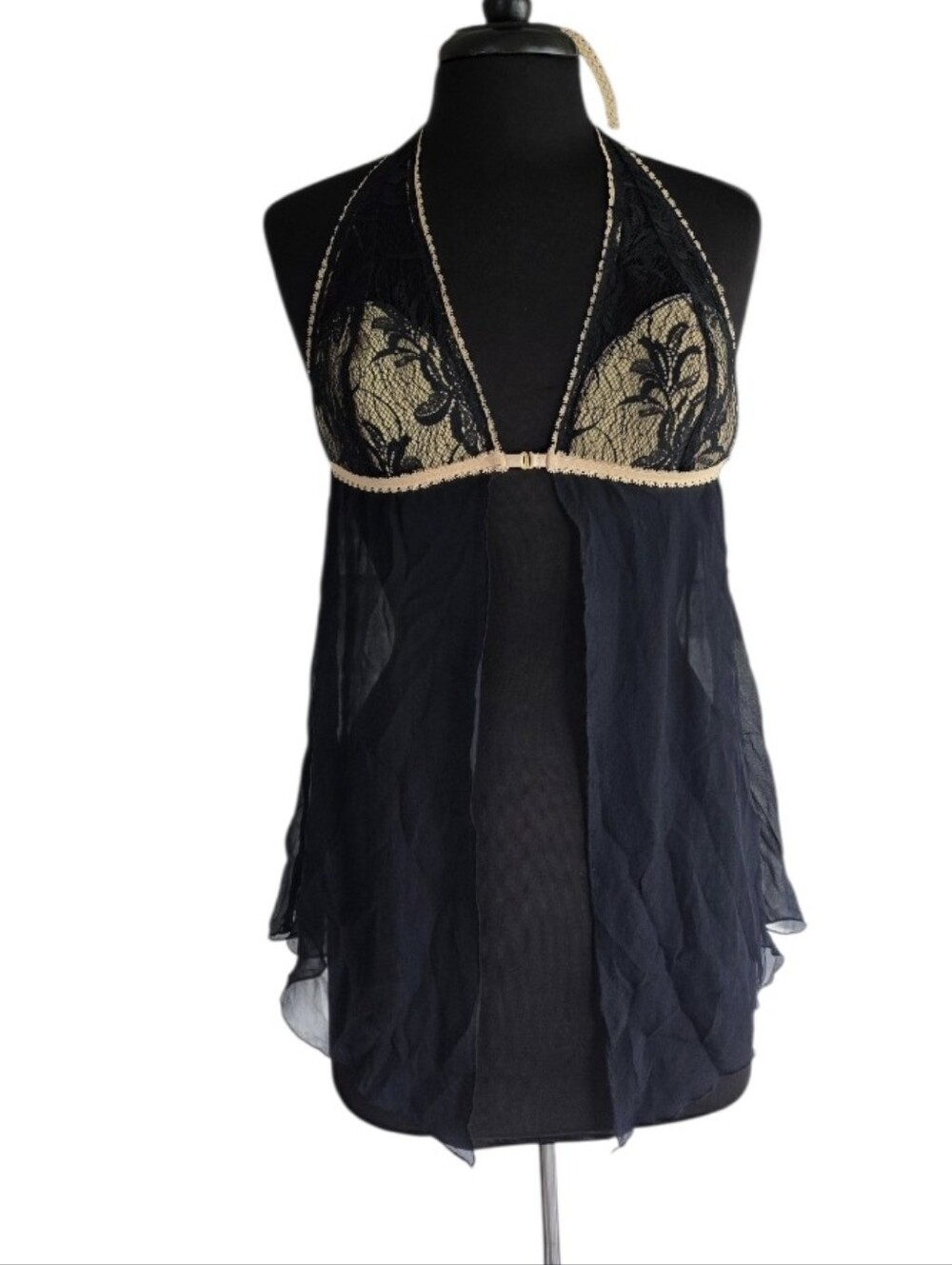 Victoria's Secret Black Sheer Halter Babydoll with Gold Lace